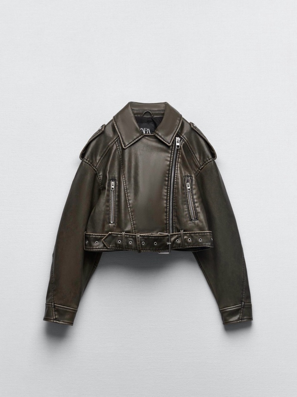 Zara Olive Green Cropped Leather Moto Jacket